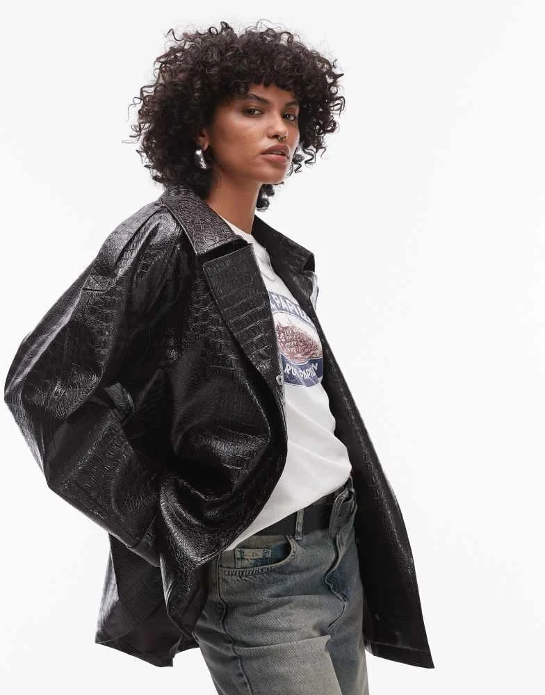 Topshop Topshop faux leather croc trench coat in burgundy 1