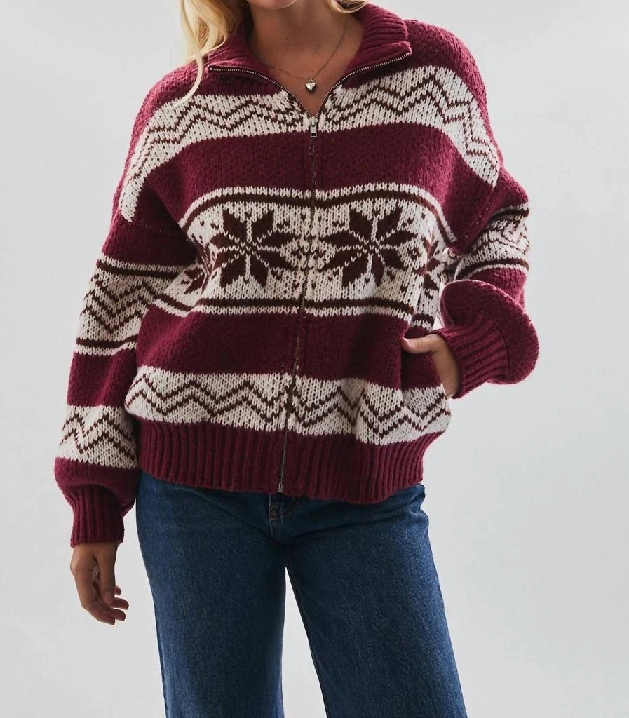 LE LIS Collared Zip Up Sweater Jacket In Burgundy