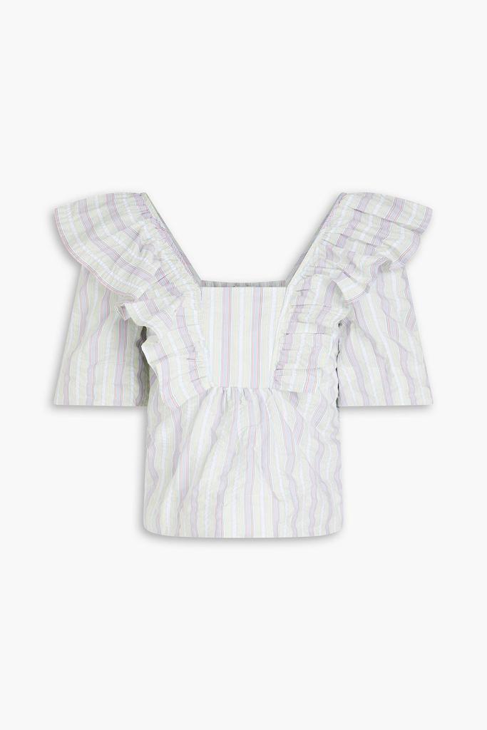 GANNI Ruffled striped cotton-blend seersucker top