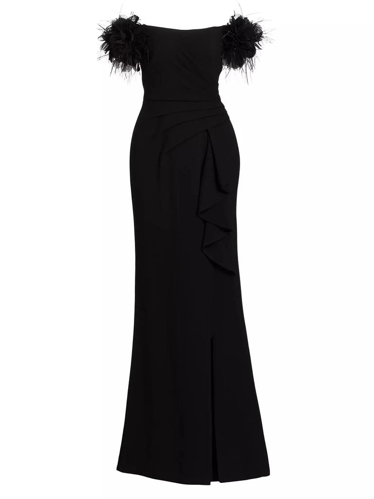 Teri Jon Feather-Embellished Crepe Off-The-Shoulder Gown 1