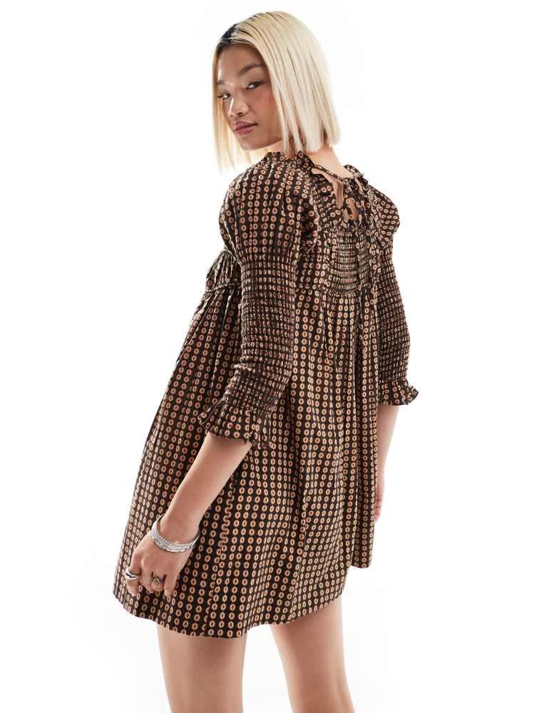 Free People Free People check print tie-detail mini smock dress in black multi 3