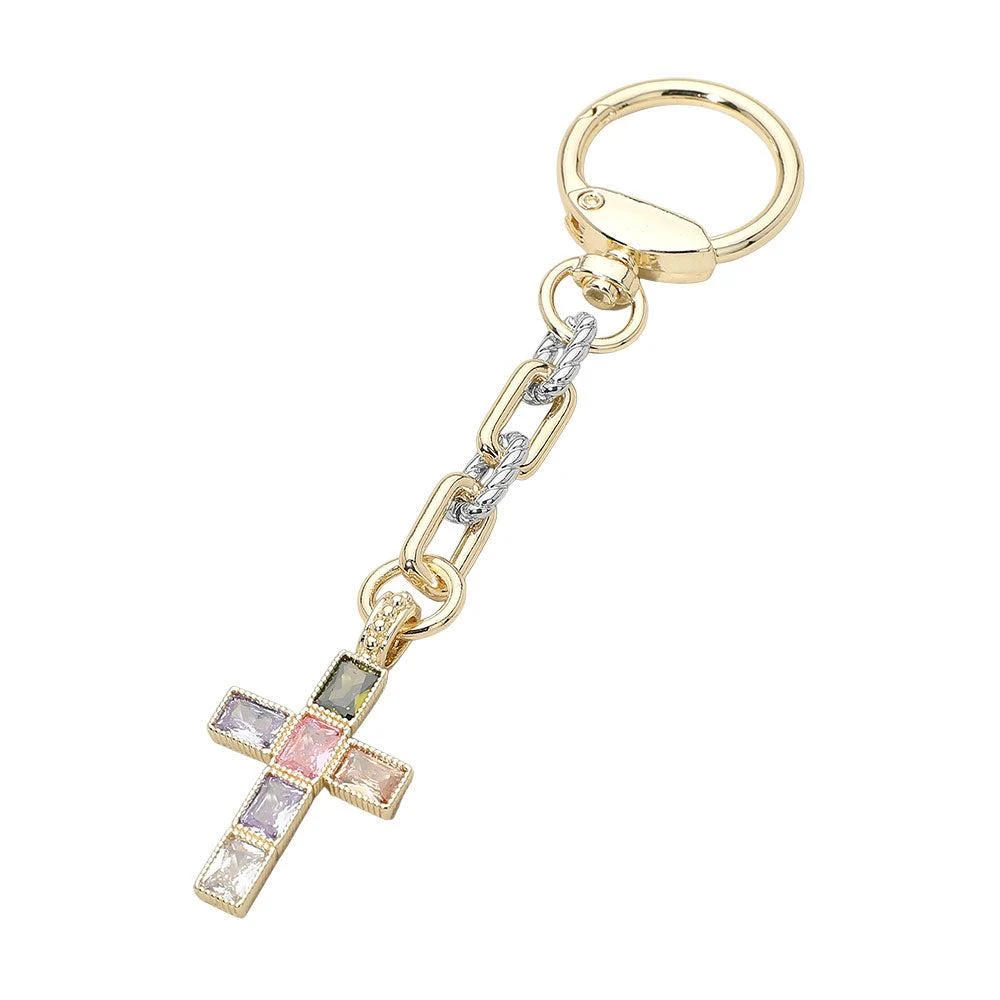 FASHNZFAB 14K Gold Plated Colorful CZ Stone Cross Charm Drop Keychain Bag Charm 2