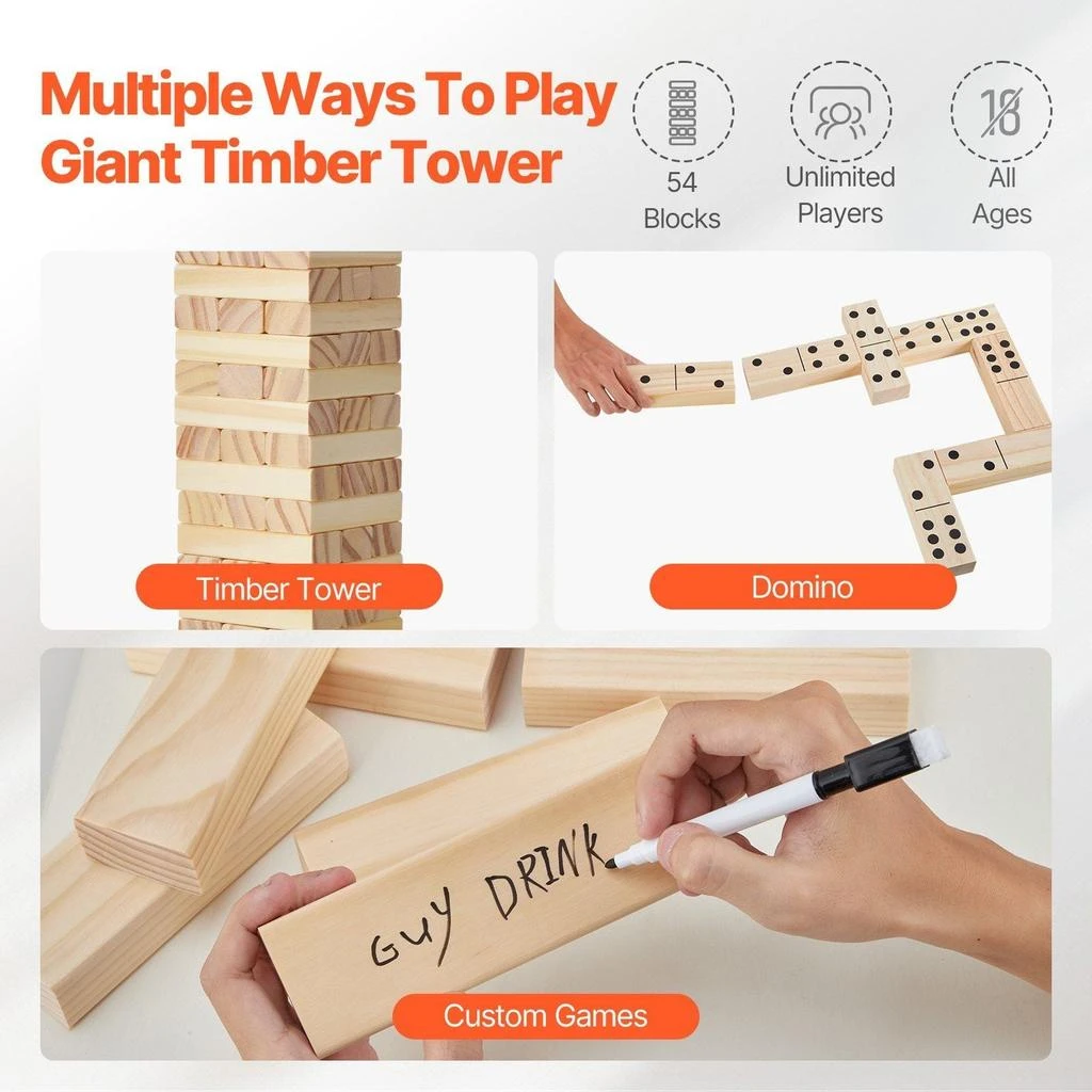 TRIPLE T Tumbling Timber Toy, 54 Blocks Tumble Tower Blocks Game, Pine Wood Tumbling Tower Game with Storage Crate, Multiple Ways to Play Wooden Stacking Game, Tumble Tower Family Game for Indoor/Outdoor 2