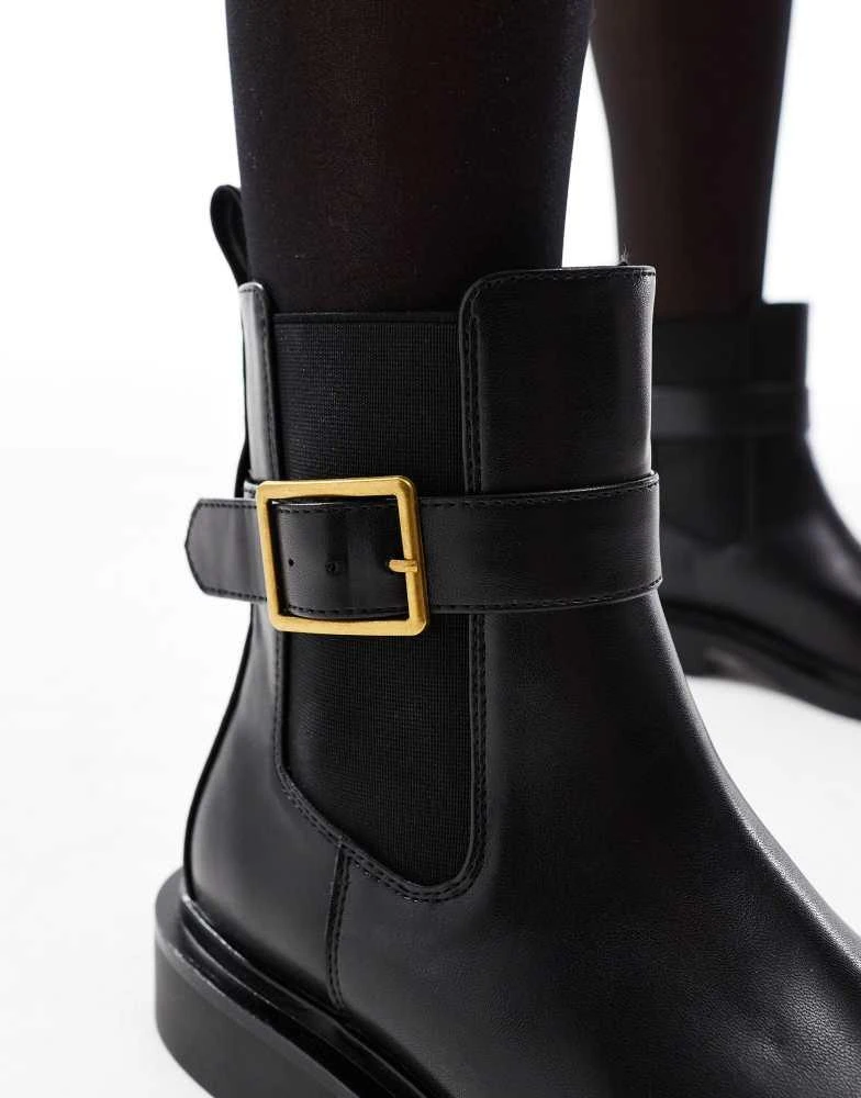 ASOS ASOS DESIGN Wide Fit Aurora flat boots with buckle strap in black 3