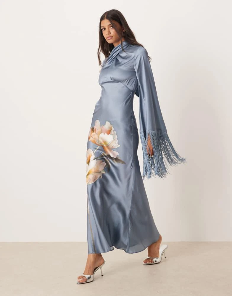 ASOS ASOS DESIGN draped neck satin bias maxi dress with fringe sleeve  detail in overblown floral - Dresses & Skirts - Compare Prices from 5+  Stores - Free Shipping - BeyondStyle