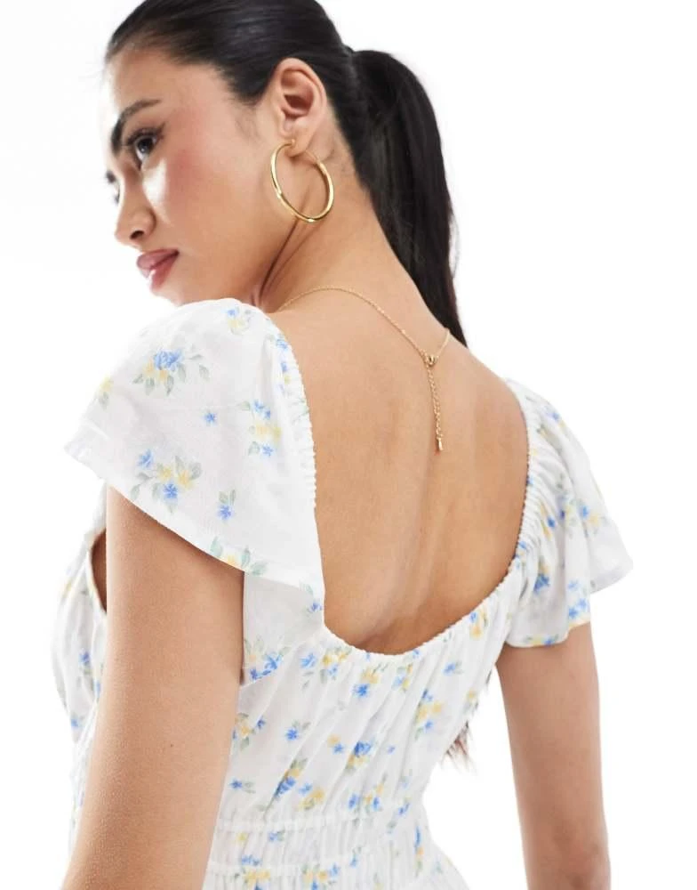 HOLLISTER Hollister short sleeve milkmaid midi slit dress in blue floral 3