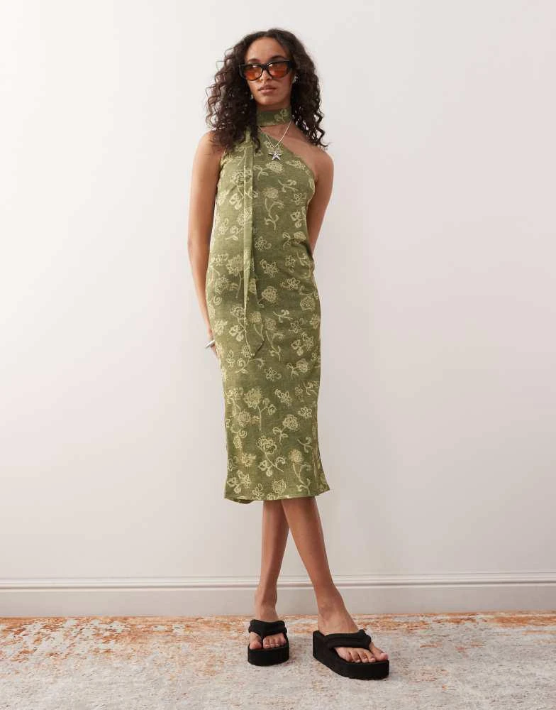 Reclaimed Vintage Reclaimed Vintage one shoulder midi dress with scarf detail in green print 1