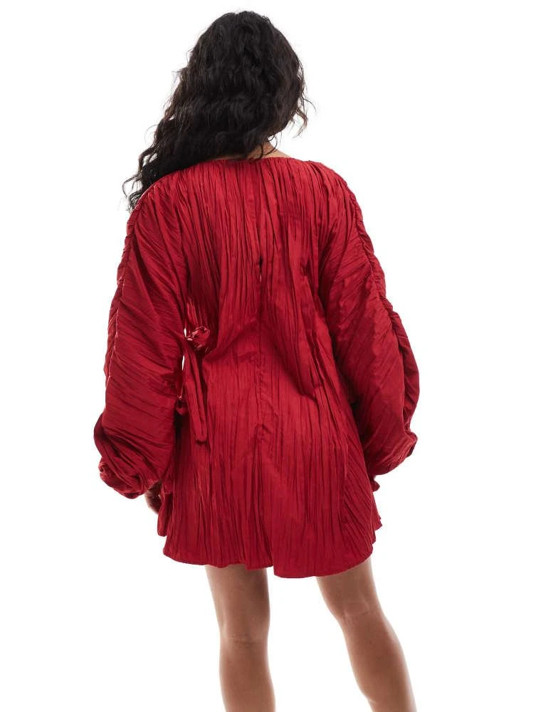 ASOS ASOS DESIGN structured satin crinkle tie detail cocoon sleeve mini dress in red 4