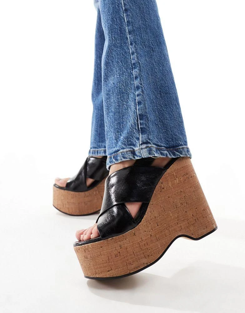 ASOS ASOS DESIGN Talent premium leather cross strap wedges in black 2