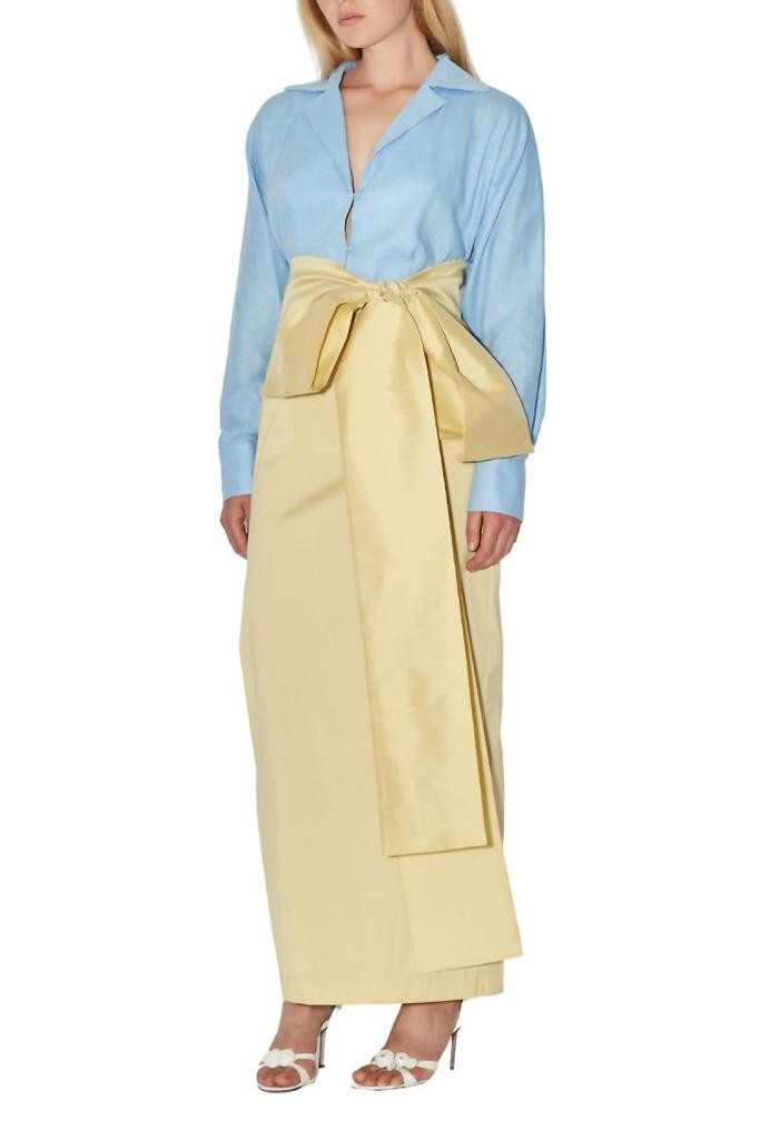 Bernadette Claire Contrast Gown With Bow Detail In Blue/soft Yellow