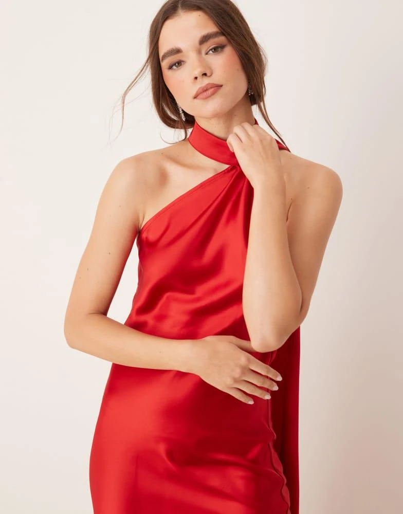 GINA TRICOT Gina Tricot satin drape detail one shoulder scarf neck maxi dress in red 2