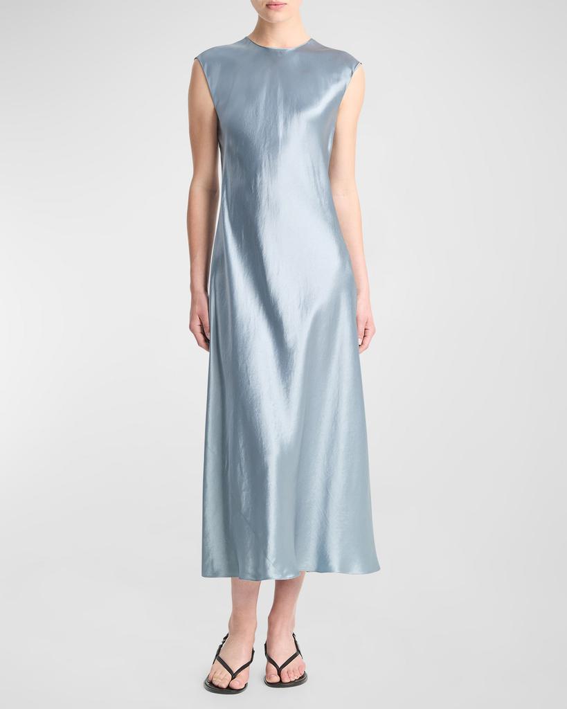 Vince Bias Satin Crewneck Cap-Sleeve Midi Dress