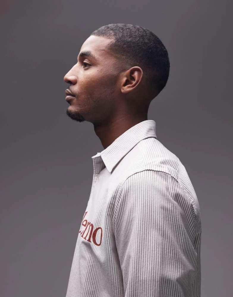 No Problemo No Problemo red logo long sleeve cotton oxford shirt in grey stripe 4