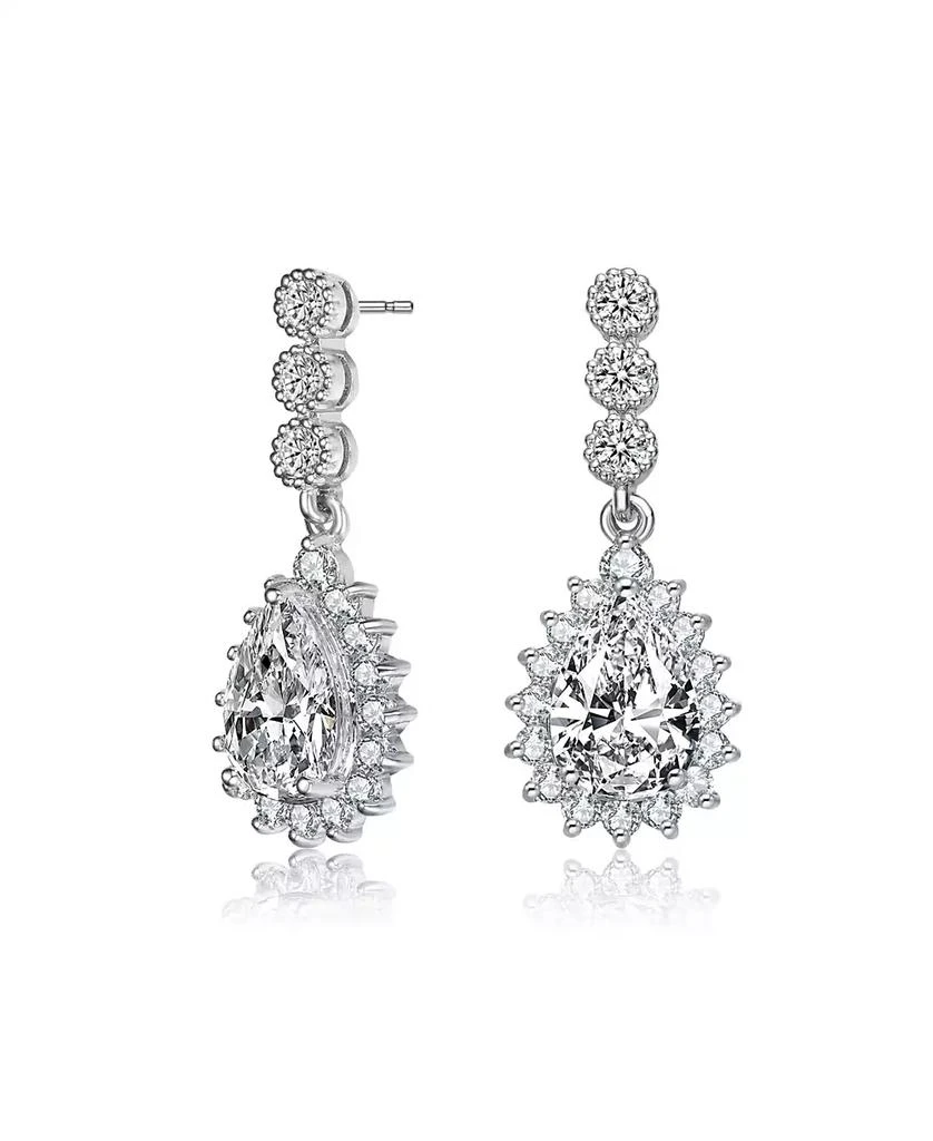 Genevive Sterling Silver with White Gold Plated Clear Pear and Round Cubic Zirconia Halo Drop Earrings
