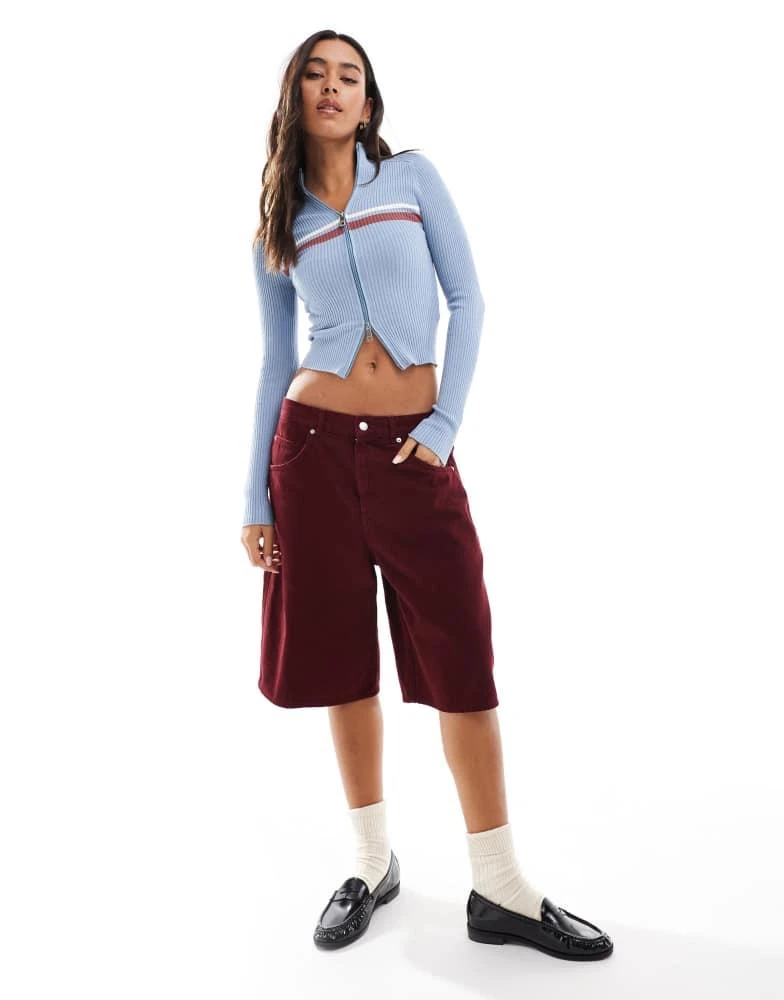 Pull&Bear Pull&Bear ribbed zip through jumper with stripe detail in blue 2