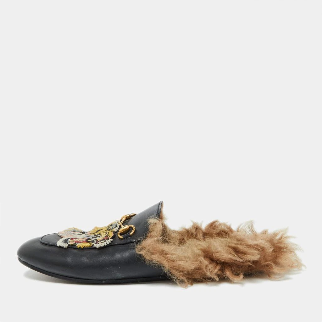 Gucci Gucci Black Leather and Fur Tiger Embroidered Princetown Mules Size 39 1