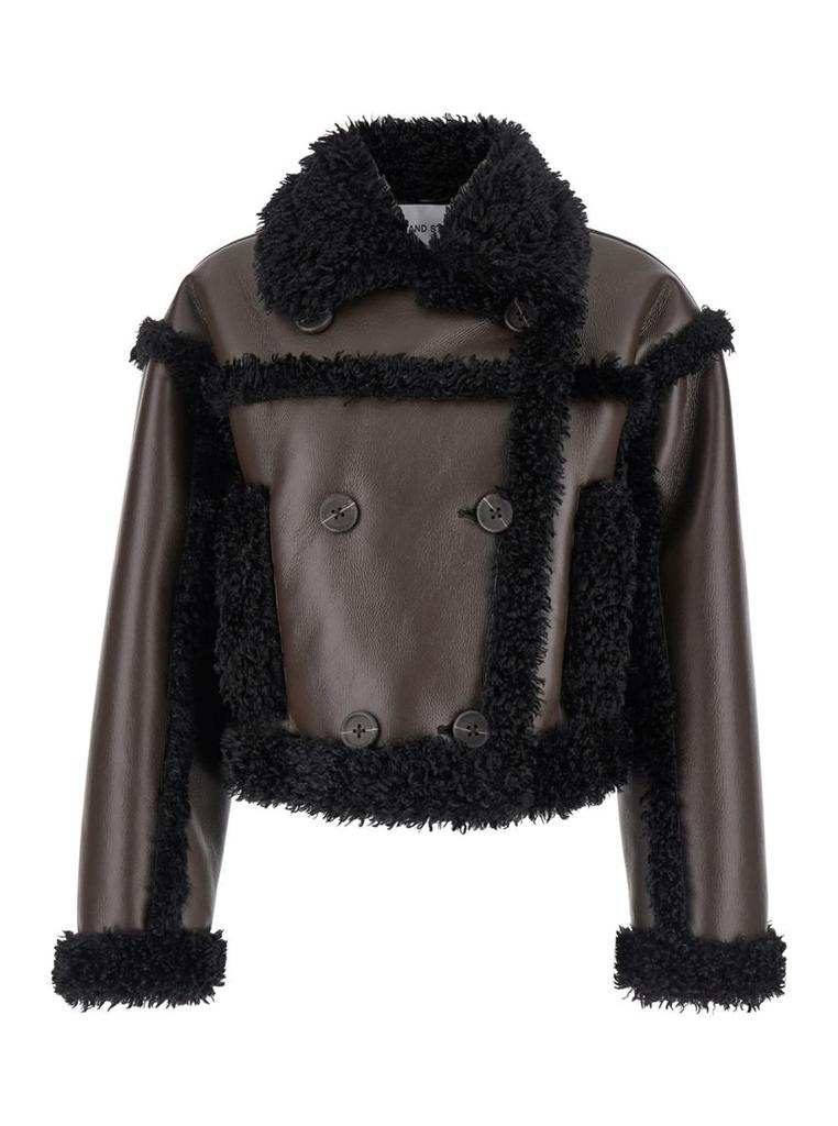 STAND STUDIO 'Kristy' Brown Crop Double-Breasted Coat With Faux Shearling Trim In Leather Woman