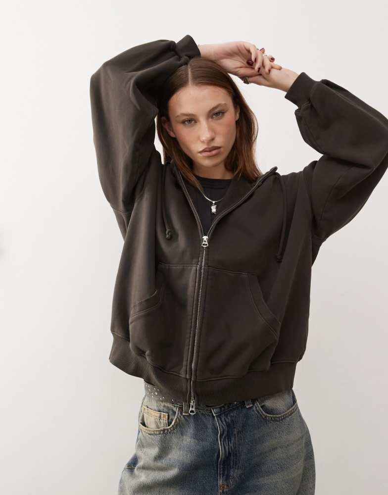 Weekday Weekday Edel heavyweight jersey zip through hoodie with funnel neck in brown