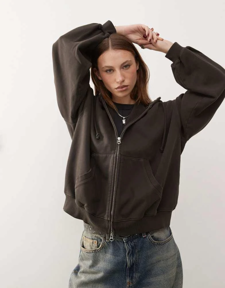 Weekday Weekday Edel heavyweight jersey zip through hoodie with funnel neck in brown 1