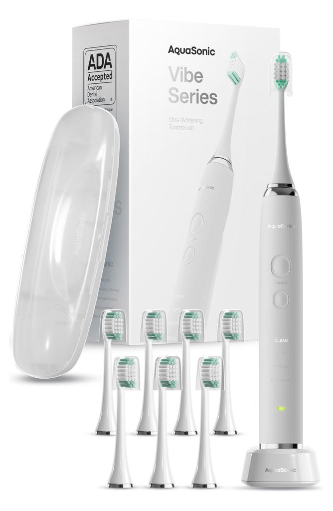 AquaSonic VIBE Series White UltraSonic Whitening Toothbrush with 8 DuPont Brush Heads & Travel Case