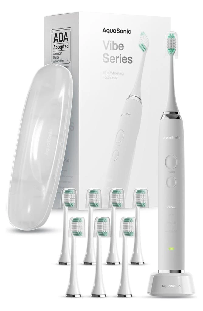 AquaSonic VIBE Series White UltraSonic Whitening Toothbrush with 8 DuPont Brush Heads & Travel Case 1