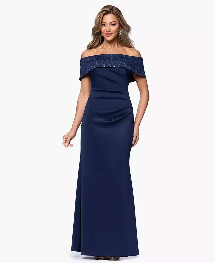 Xscape Women's Off-The-Shoulder Rhinestone Ball Gown - Navy - Size 8