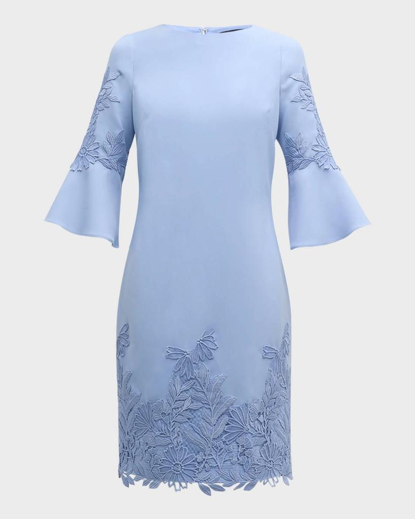 Teri Jon Lace Trim Bell Sleeve Crepe Midi Dress In Light Blue