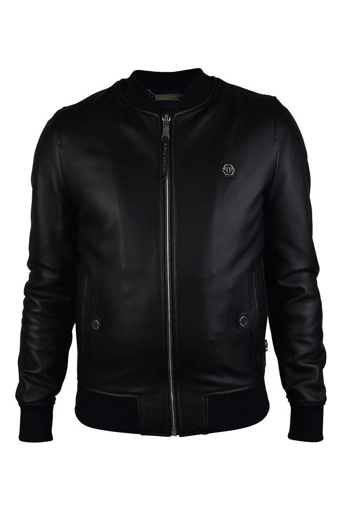 Philipp Plein Black Leather Bomber Jacket With Silver Accents