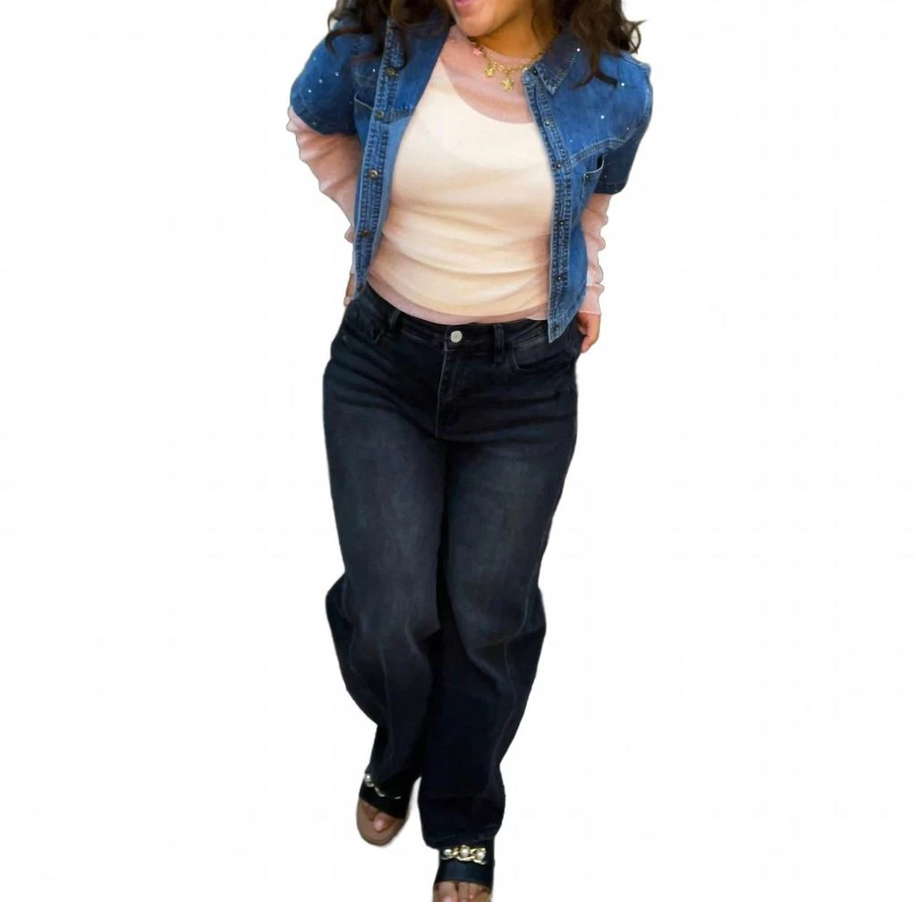 Cozy Co. Rhinestone Washed Denim Short Sleeve Shrug Top In Blue