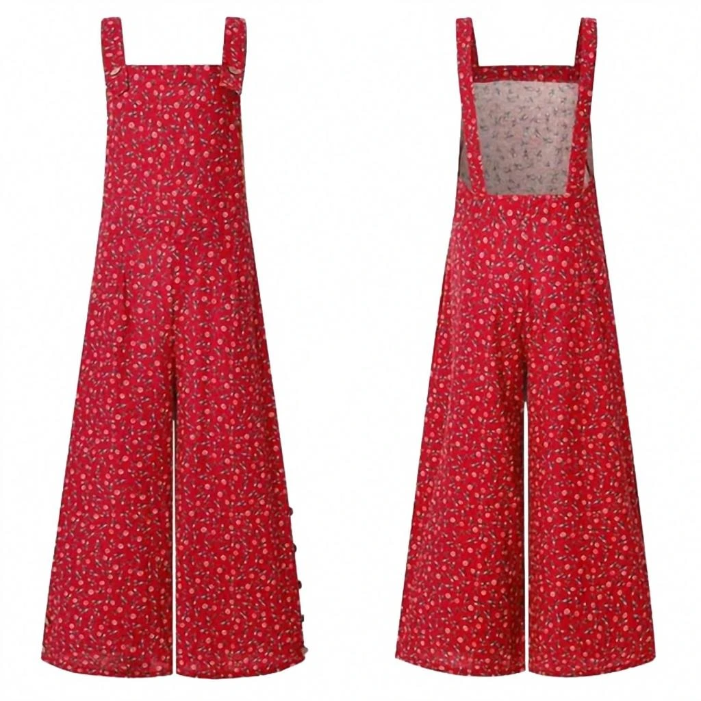 Peach Love Betty Bibs Floral Linen Light Weight Overalls In Red 2