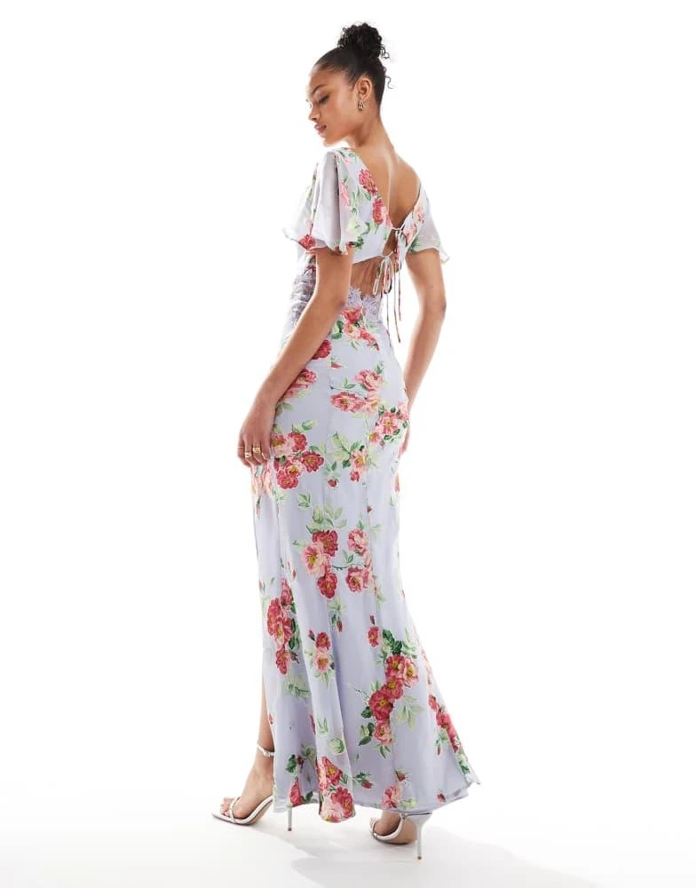 ASOS ASOS DESIGN Tall flutter sleeve maxi dress with lace insert in blue burnout floral print 2