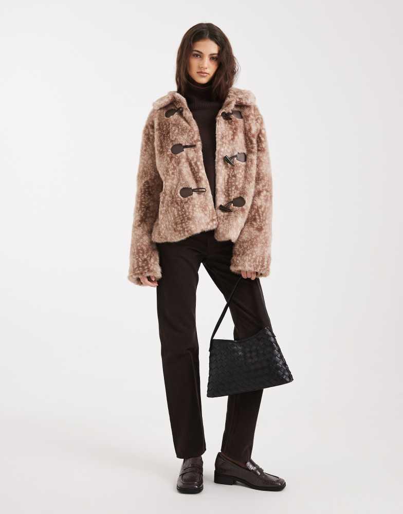Hollister トグルファージャケット ブラウン S HOLLISTER Hollister faux fur toggle jacket in deer print - Jackets