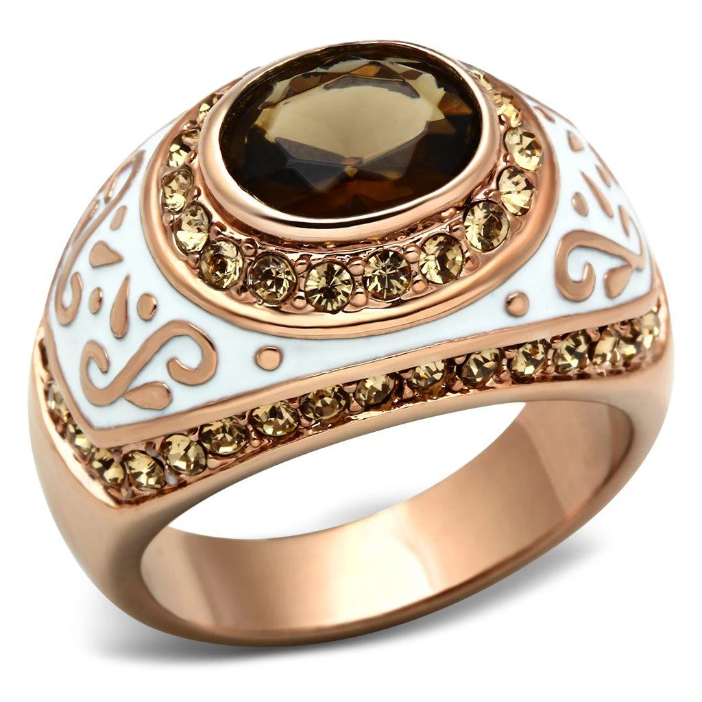 FASHNZFAB IP Rose Gold(Ion Plating) Brass Ring with Synthetic Synthetic Glass in Brown