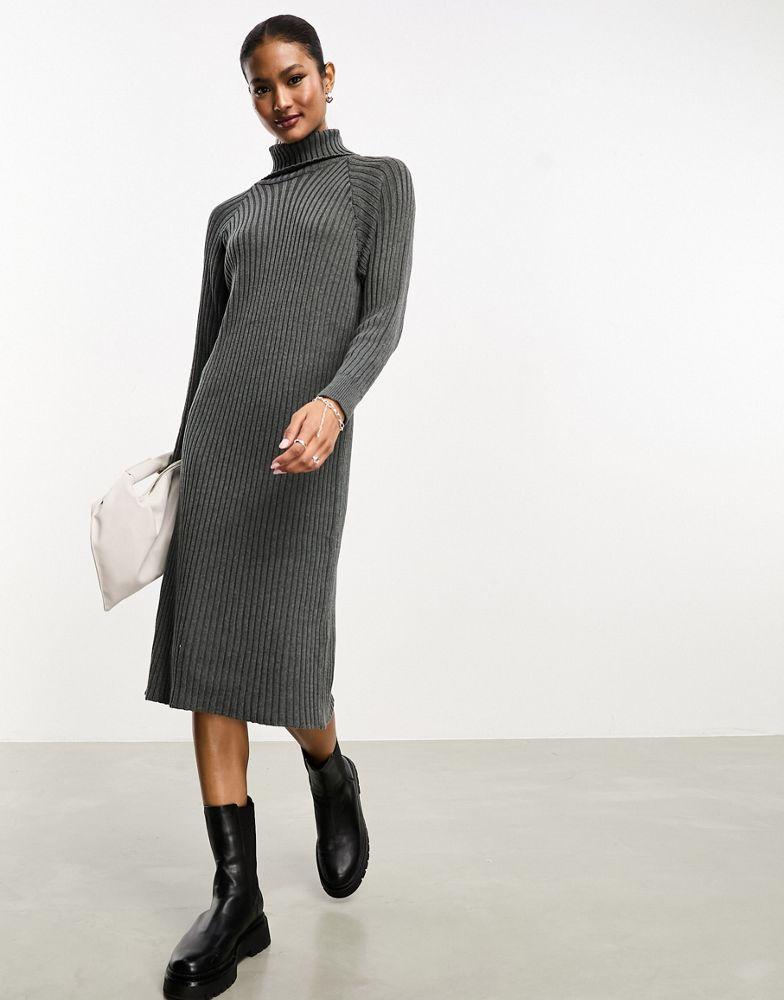 Y.A.S. YAS ribbed roll neck jumper midi dress in grey