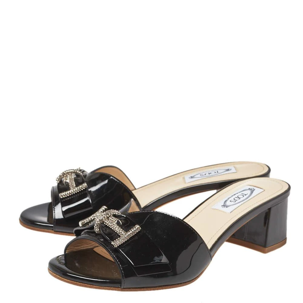 Tod's Tod's Black Patent Leather Double T Embellished Slide Sandals Size 36.5 4