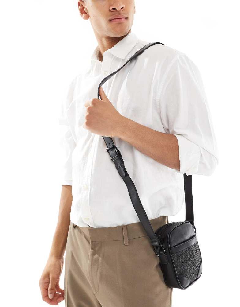 ASOS ASOS DESIGN faux leather cross body bag with rattan panel in black