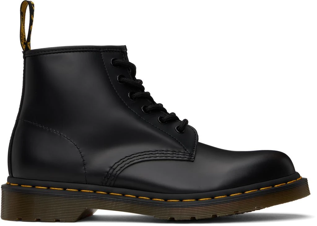 Shop Black 101 Yellow Stitch Smooth Leather Ankle Boots on  display picture 1