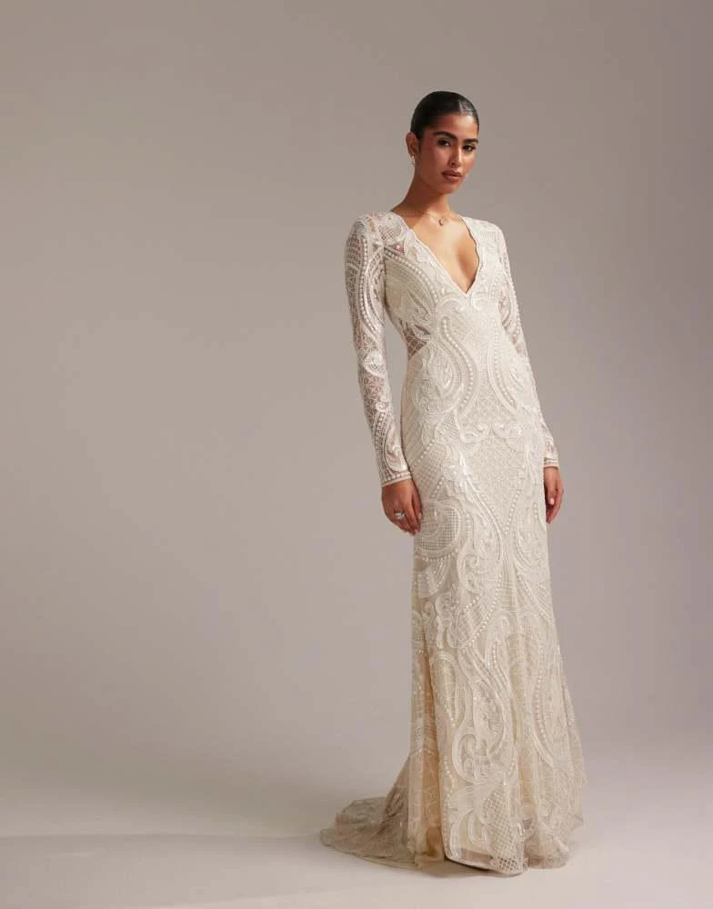 ASOS ASOS DESIGN embroidered plunge long sleeve maxi wedding dress in ivory 1