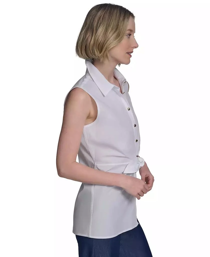 HALSTON Women's Cotton Tie-Waist Button-Front Sleeveless Blouse 3