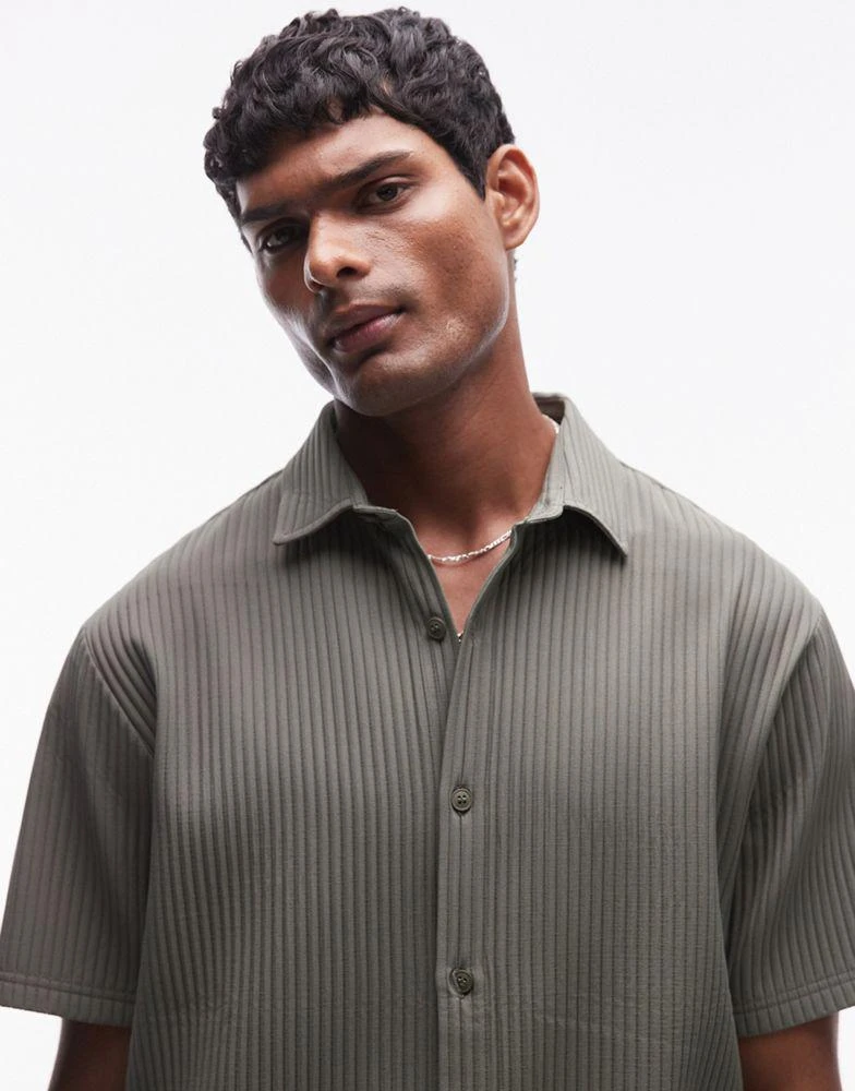 Topman Topman short sleeve button through plisse shirt in khaki 1