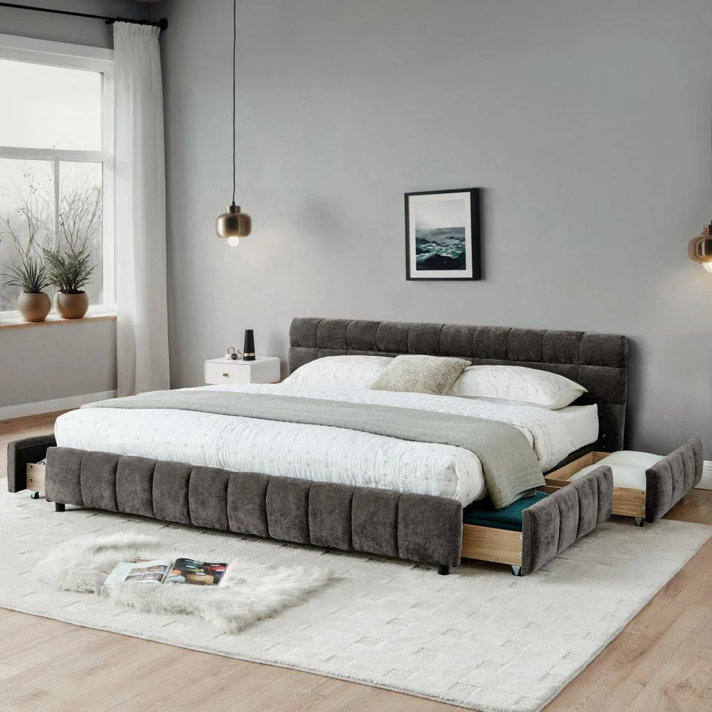 Streamdale Furniture Streamdale California King Upholstered Bed with Storage Drawer - Dark Gray 5