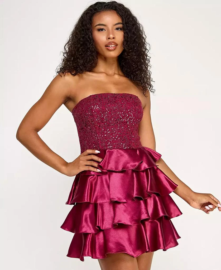 SENI & CADE Juniors' Sequin Embellished Strapless Satin Tiered Dress 2