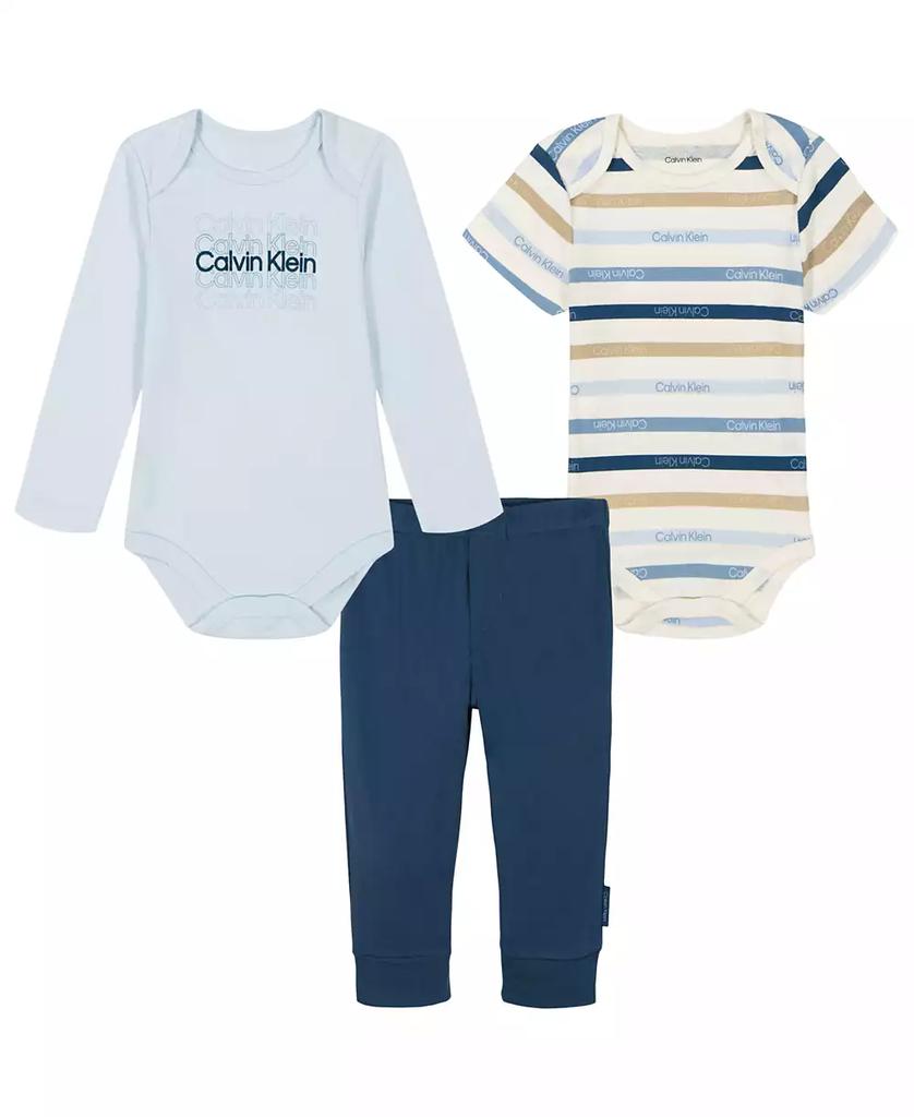 Calvin Klein Baby Boy Long Sleeve Logo Bodysuit, Short Sleeve Multistripe Bodysuit and Solid Joggers, 3 piece set