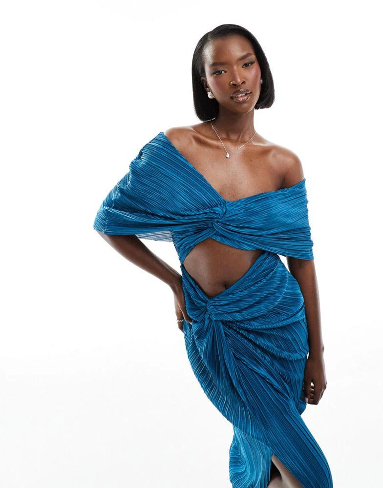 ASOS ASOS DESIGN two in one fallen shoulder plisse maxi dress in petrol blue 4