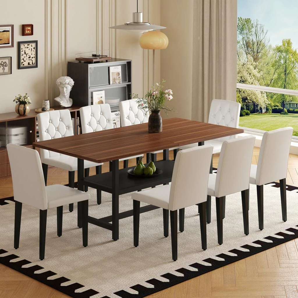 Streamdale Furniture Streamdale Walnut Dining Table (71") with 8 White PU Chairs