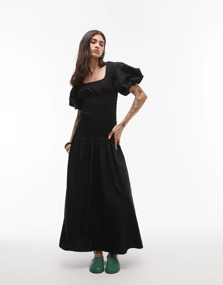 Topshop Topshop puff sleeve square neck shirred midi dress in black 1