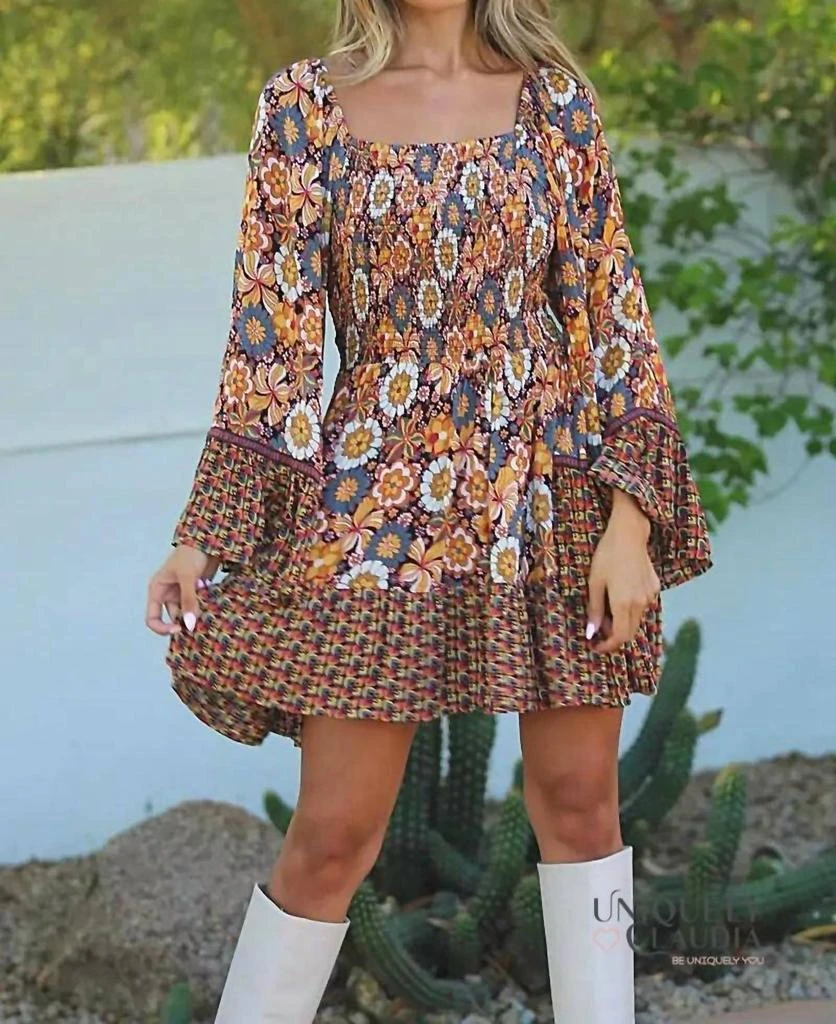 Angie Ember Bell Sleeve Mini Smock Dress In Brown-Multi 2