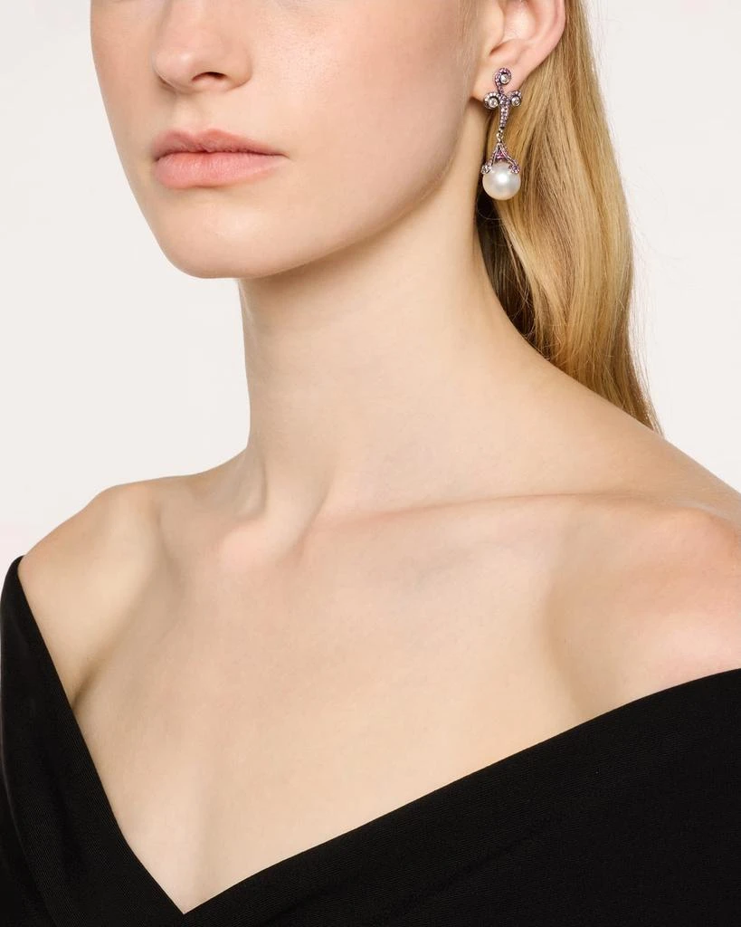 BELPEARL 18K White Gold 13mm South Side Pearl, Pink Sapphire, and Diamond Drop Earrings 2