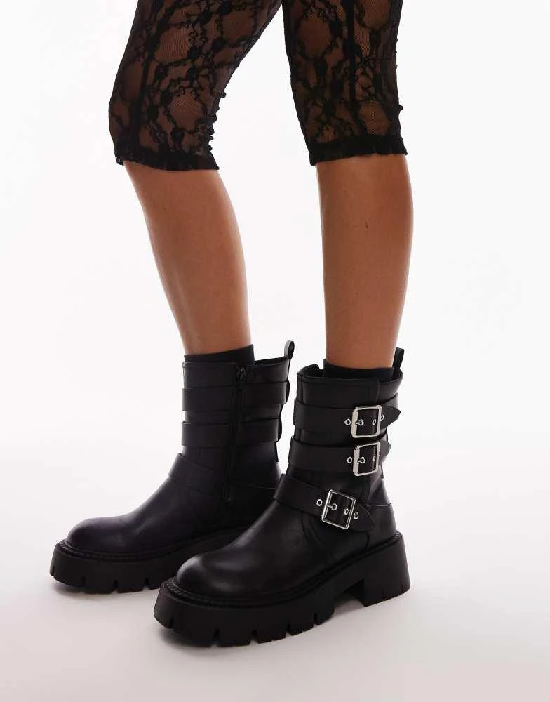 Topshop Topshop Wide Fit Luke chunky biker boots with buckle detail in black 1
