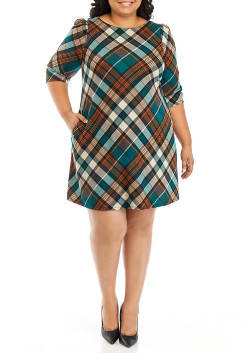 Jessica Howard Howard Plus Size Puff Sleeve Plaid A Line Dress